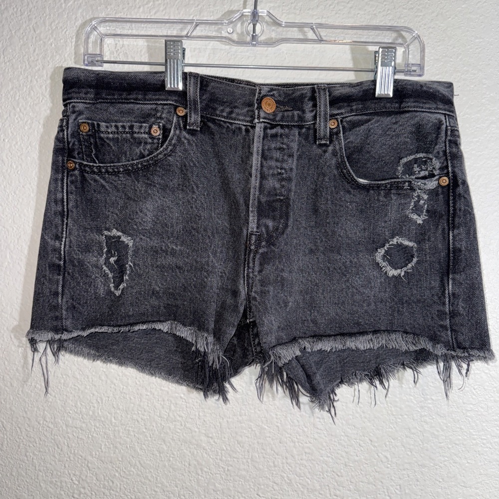 Levi's 501 Shorts Womens Size 25 Black Denim High Rise Destroyed Grunge Goth